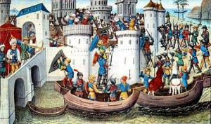 15th century miniature depicting the conquest of Constantinople, 1204.