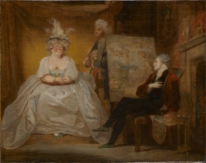 Scene from Taste in a painting by Robert Smirke. Lady Pentweazel, played by Foote.