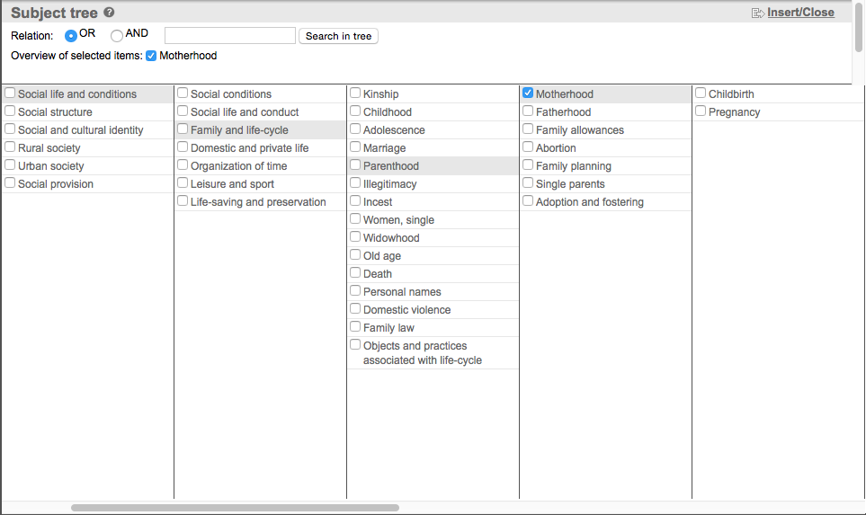 Screen shot of subject tree for advanced search
