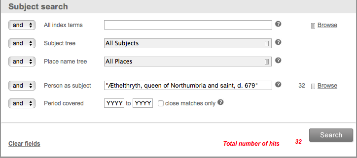 Screenshot for advanced search for 'Æthelthryth'
