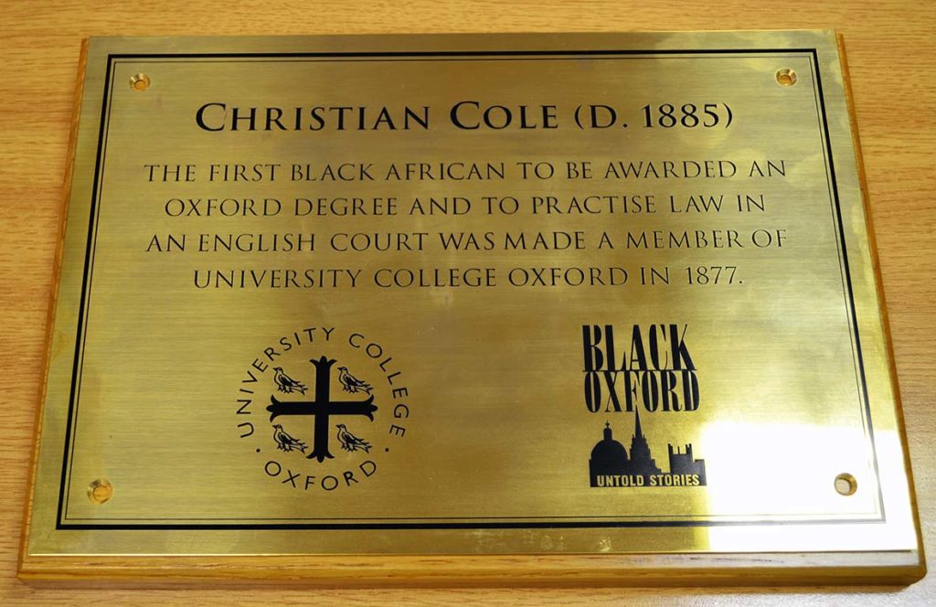 Plaque of Cole unveiled at University College Oxford.