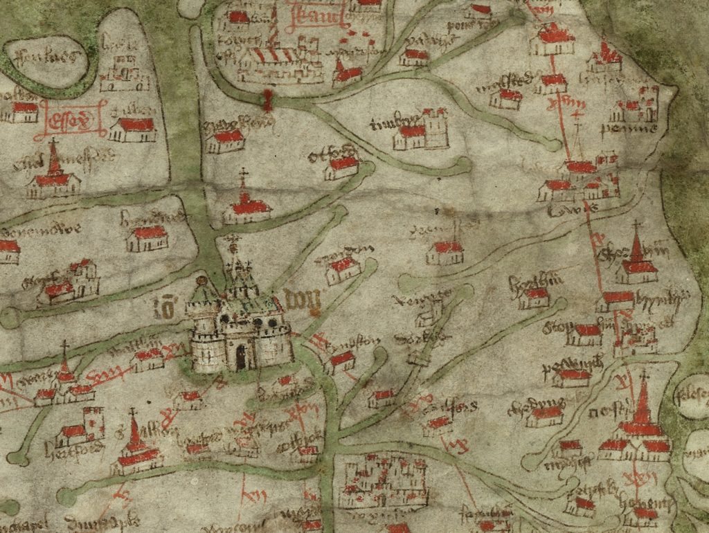 Detail of the South-East of the Gough Map, c.1400.
